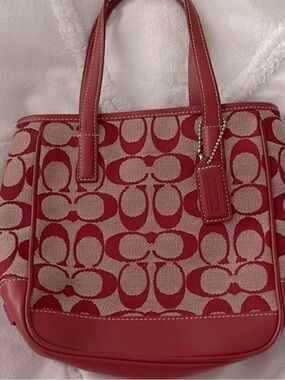 Coach Red Signature Canvas Tote with Leather Trim